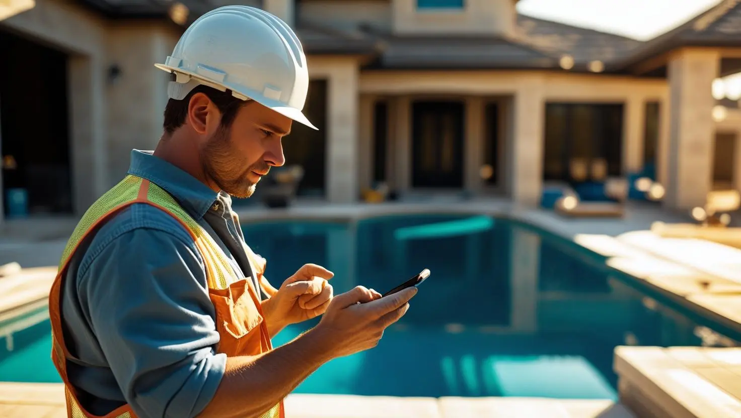 A pool contractor in a hard hat and safety vest reviewing a phone at the edge of a pool on a jobsite
